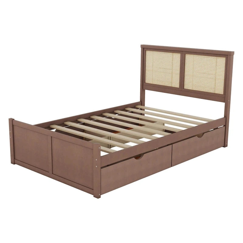 Harper&Bright Designs Rattan Headboard Storage Platform Bed with 4 Drawers