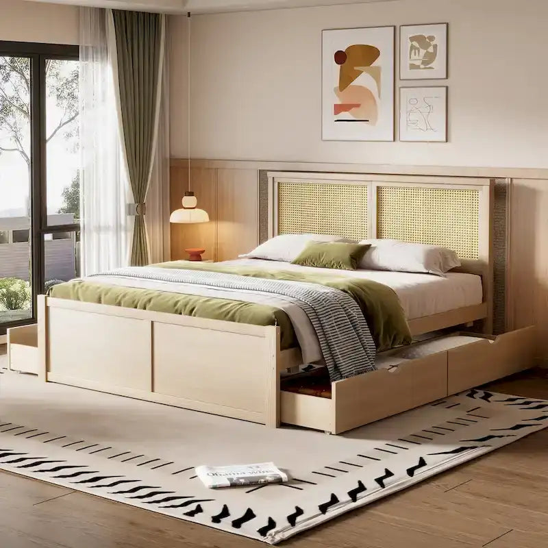 Harper&Bright Designs Rattan Headboard Storage Platform Bed with 4 Drawers
