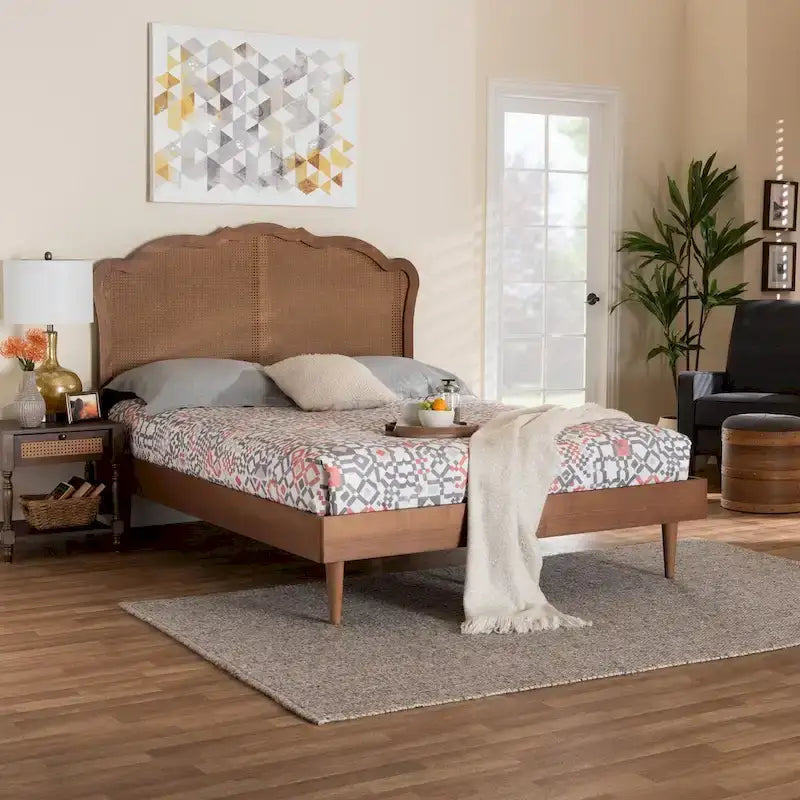 Camden Mid-Century Walnut Brown Wood and Rattan Platform Bed