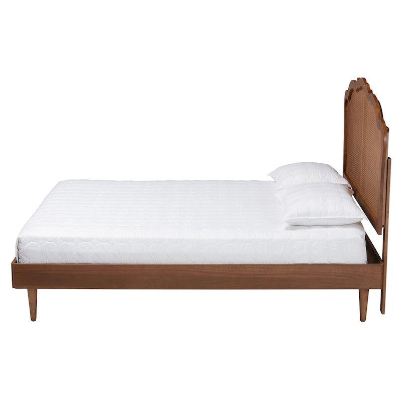 Camden Mid-Century Walnut Brown Wood and Rattan Platform Bed