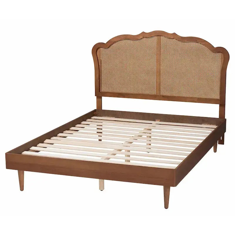 Camden Mid-Century Walnut Brown Wood and Rattan Platform Bed