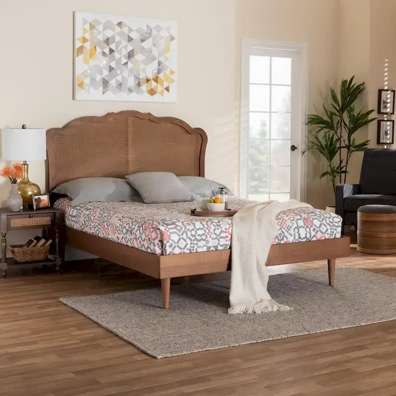 Camden Mid-Century Walnut Brown Wood and Rattan Platform Bed