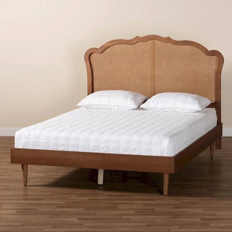 Camden Mid-Century Walnut Brown Wood and Rattan Platform Bed