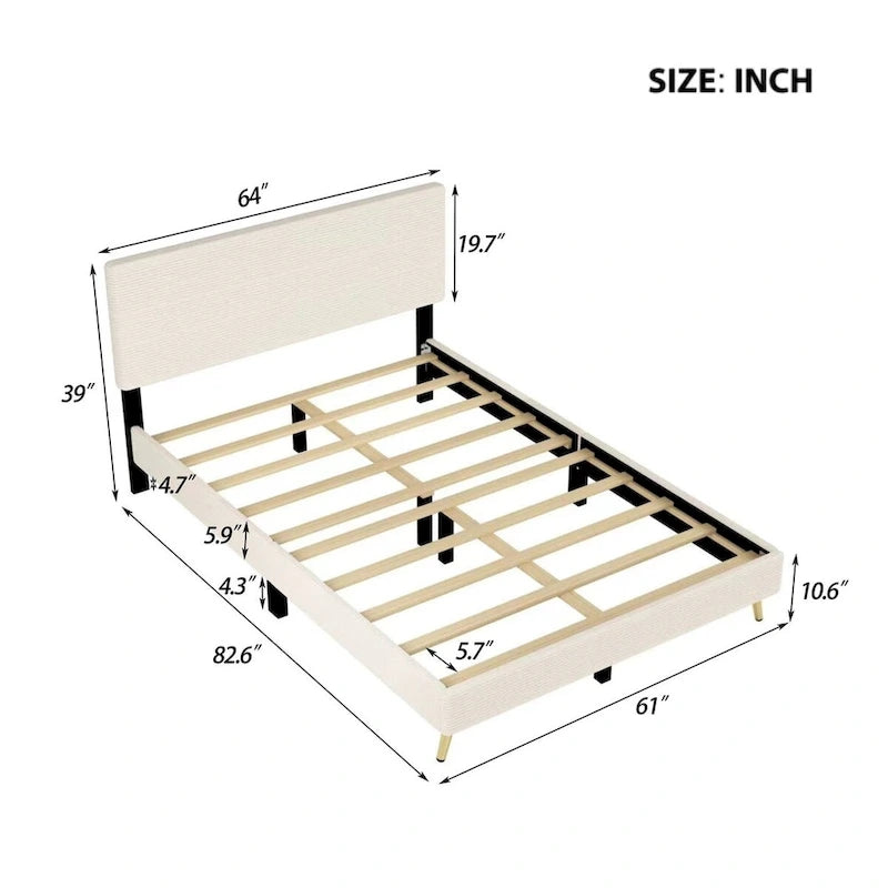 Wood Frame Queen Platform Bed Frame with Horizontal Stripe Headboard Upholstered Bed Frame Wood Slat,No Box Spring Needed