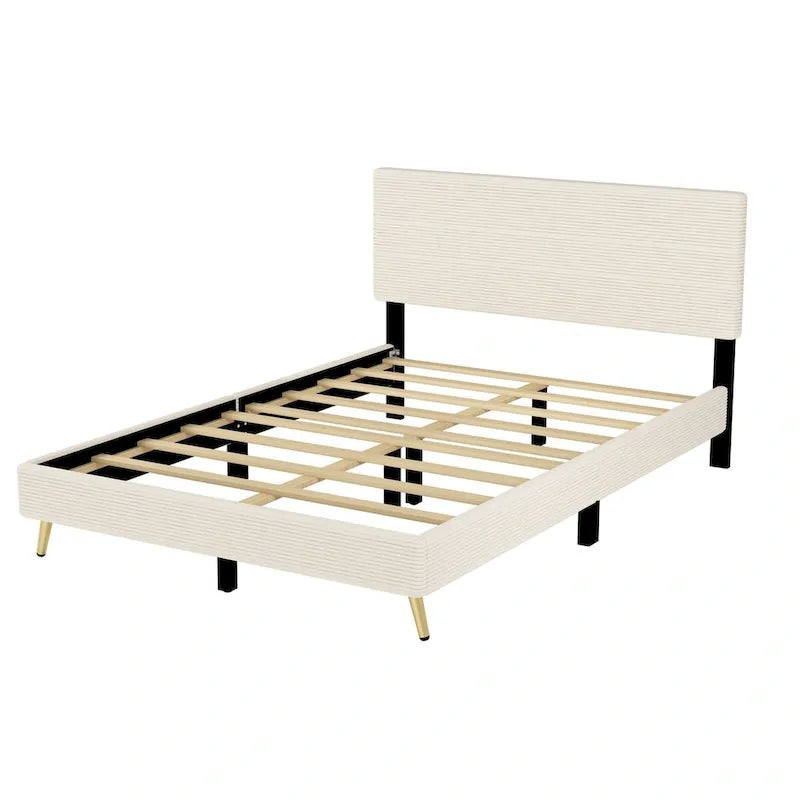 Wood Frame Queen Platform Bed Frame with Horizontal Stripe Headboard Upholstered Bed Frame Wood Slat,No Box Spring Needed