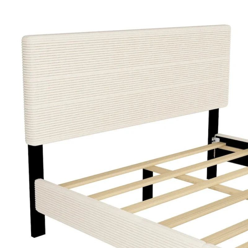 Wood Frame Queen Platform Bed Frame with Horizontal Stripe Headboard Upholstered Bed Frame Wood Slat,No Box Spring Needed