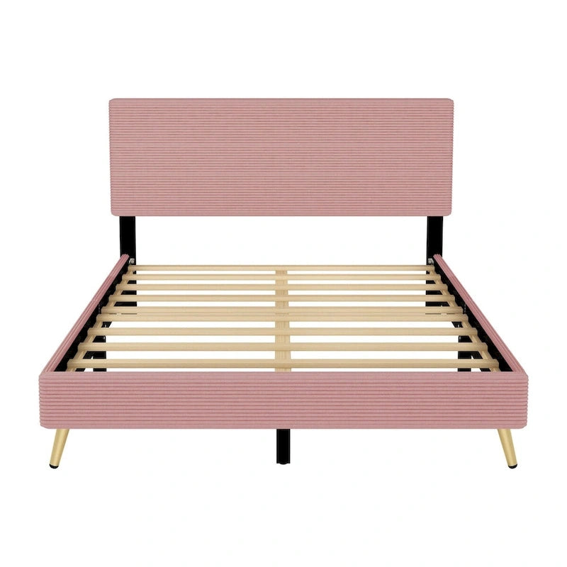Wood Frame Queen Platform Bed Frame with Horizontal Stripe Headboard Upholstered Bed Frame Wood Slat,No Box Spring Needed