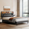 Upholstered Platform Bed with Storage Headboard and USB Port