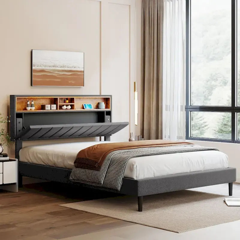 Upholstered Platform Bed with Storage Headboard and USB Port