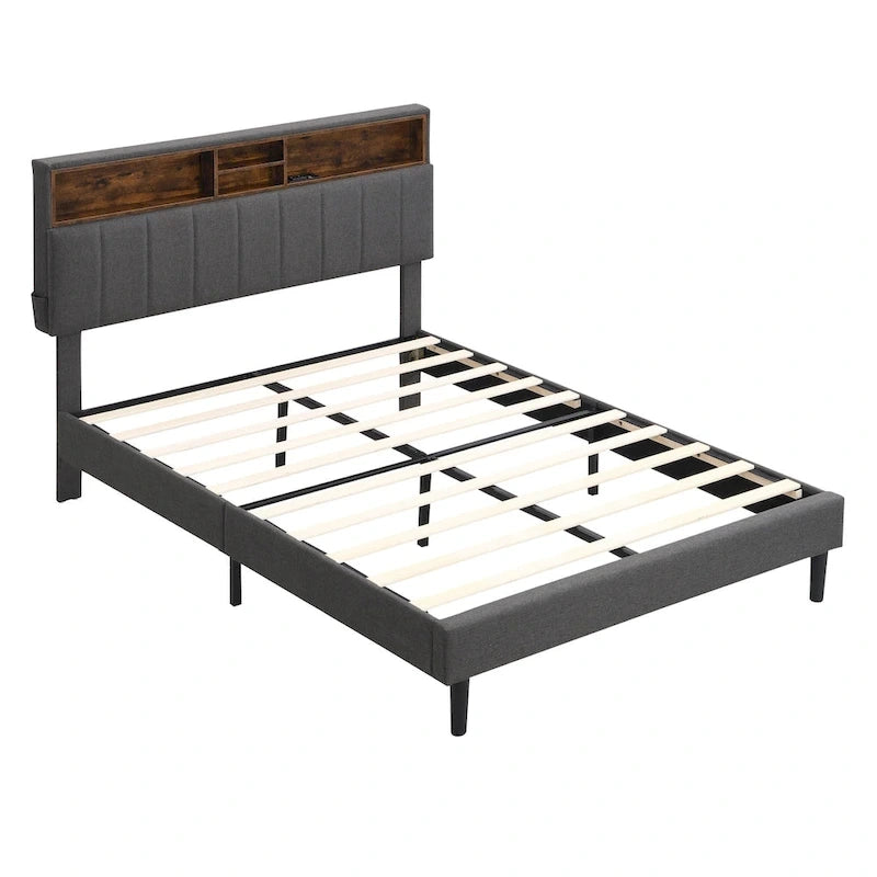 Upholstered Platform Bed with Storage Headboard and USB Port