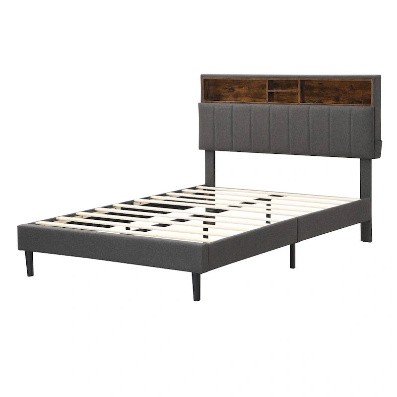 Upholstered Platform Bed with Storage Headboard and USB Port