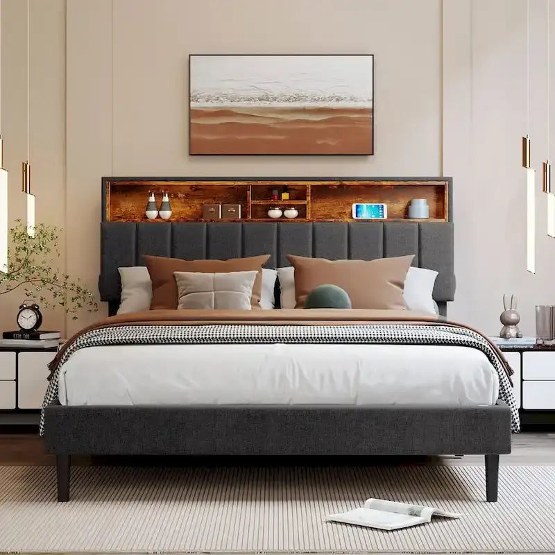 Upholstered Platform Bed with Storage Headboard and USB Port