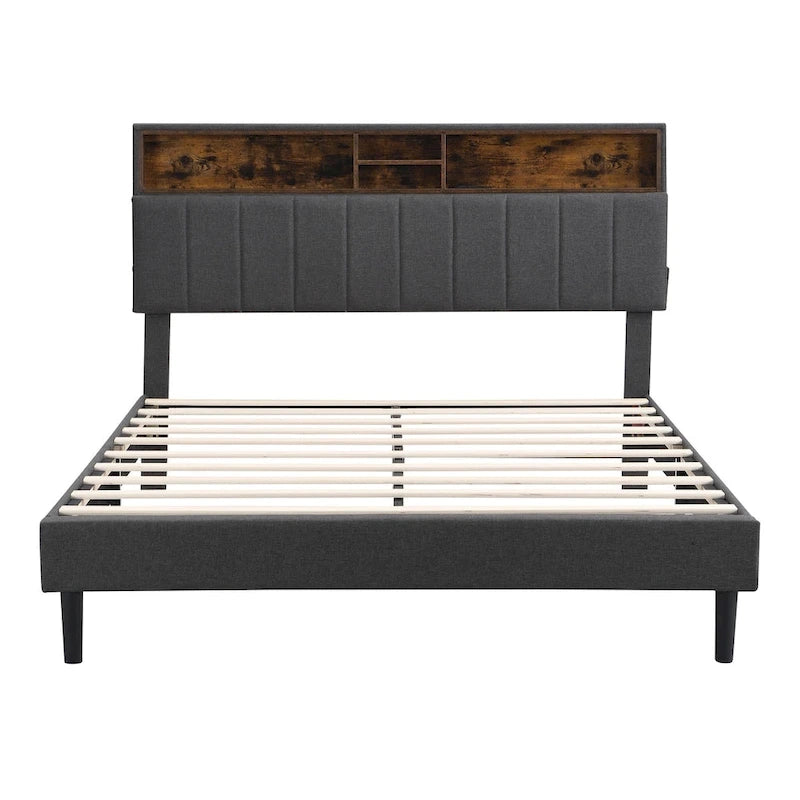 Upholstered Platform Bed with Storage Headboard and USB Port