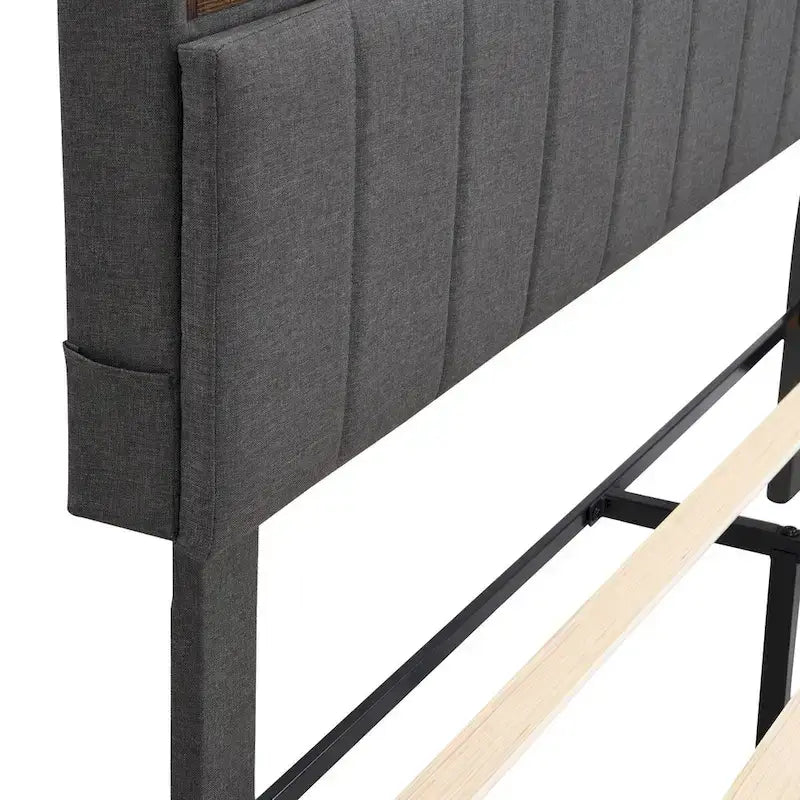 Upholstered Platform Bed with Storage Headboard and USB Port