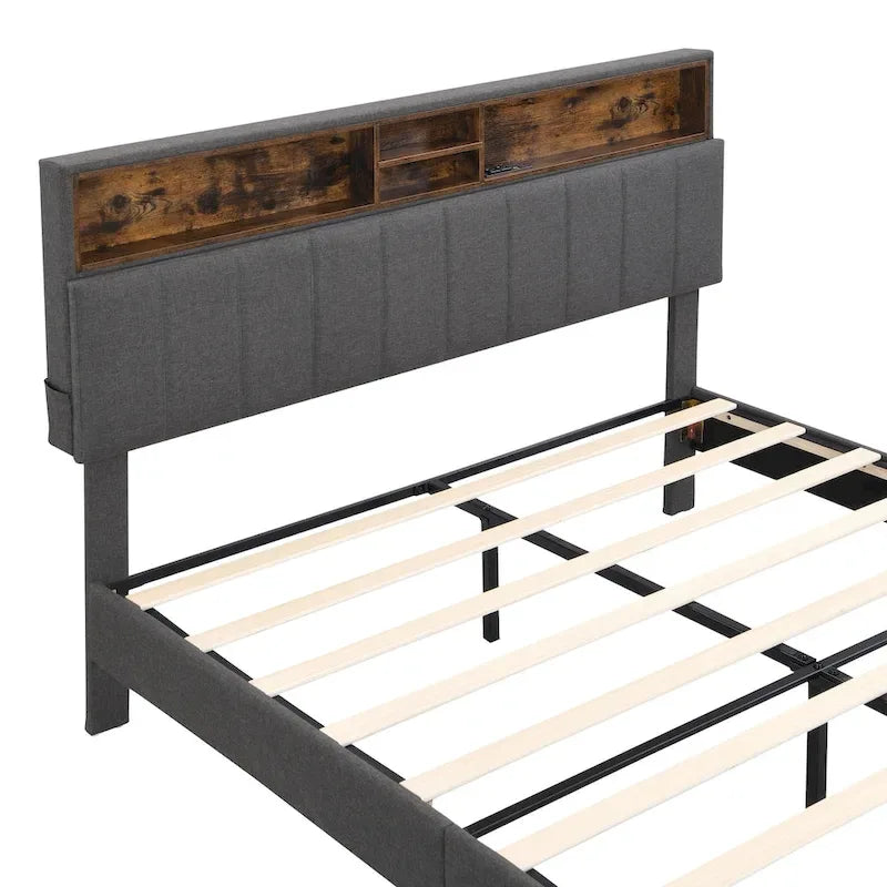 Upholstered Platform Bed with Storage Headboard and USB Port