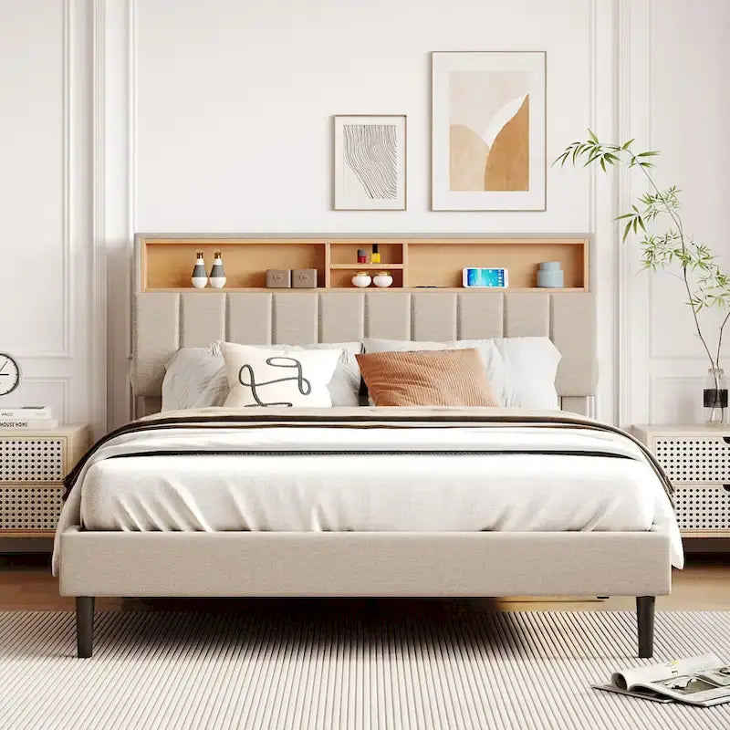 Upholstered Platform Bed with Storage Headboard and USB Port
