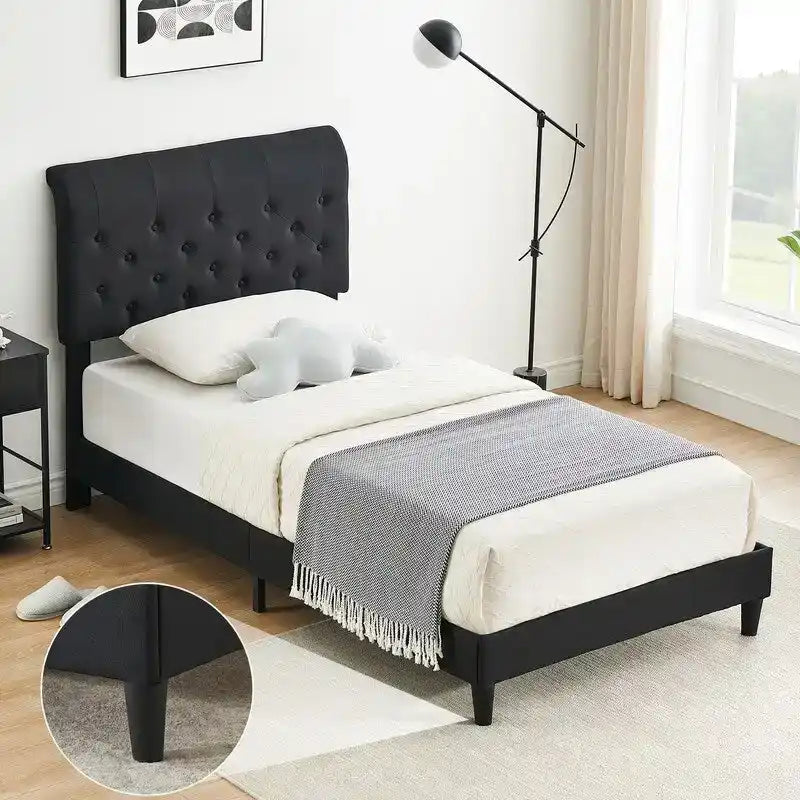 Twin Size Bed Frame with Curved Upholstered Headboard