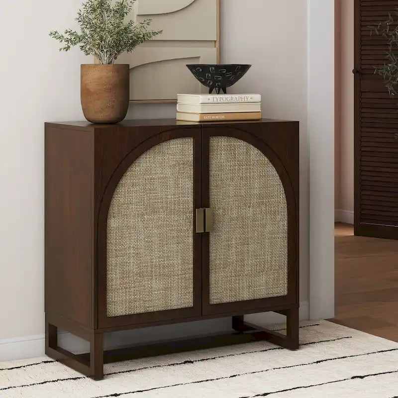 Paxton Boho Wood Storage Cabinet with Doors, Small Storage Cabinet or TV Stand with Rattan Door Details