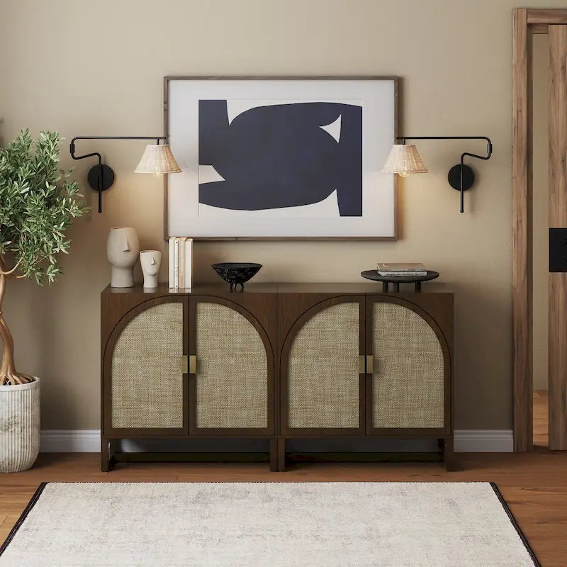Paxton Boho Wood Storage Cabinet with Doors, Small Storage Cabinet or TV Stand with Rattan Door Details