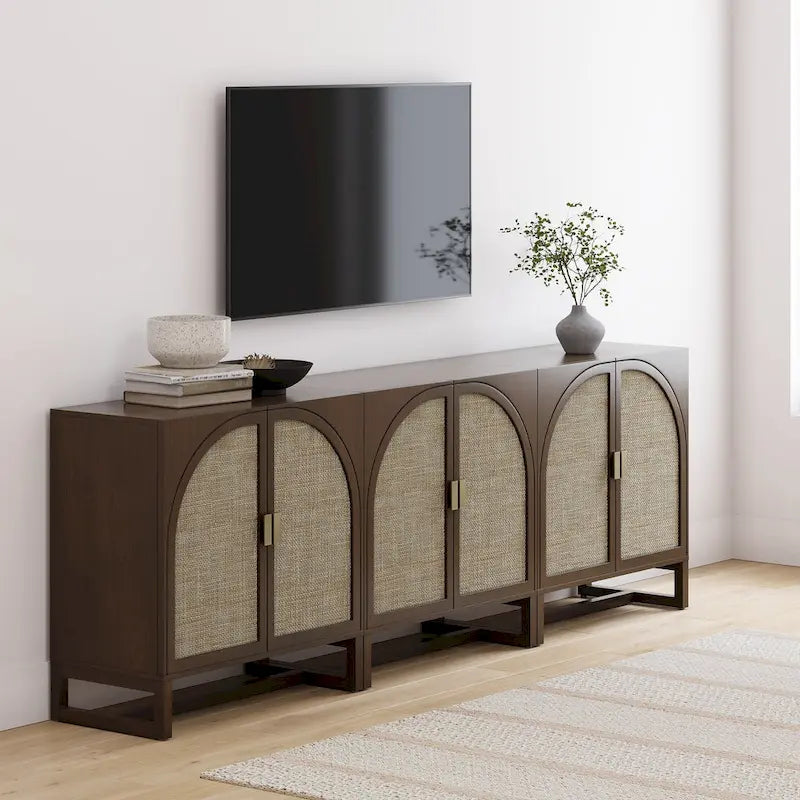 Paxton Boho Wood Storage Cabinet with Doors, Small Storage Cabinet or TV Stand with Rattan Door Details