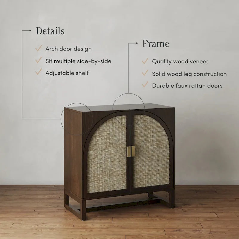 Paxton Boho Wood Storage Cabinet with Doors, Small Storage Cabinet or TV Stand with Rattan Door Details