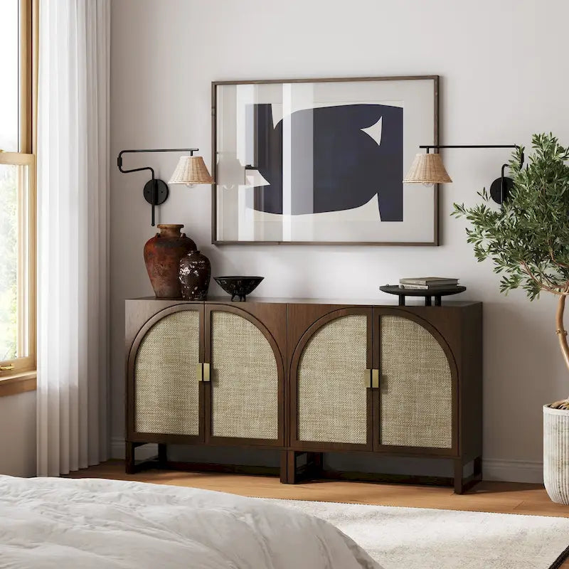 Paxton Boho Wood Storage Cabinet with Doors, Small Storage Cabinet or TV Stand with Rattan Door Details