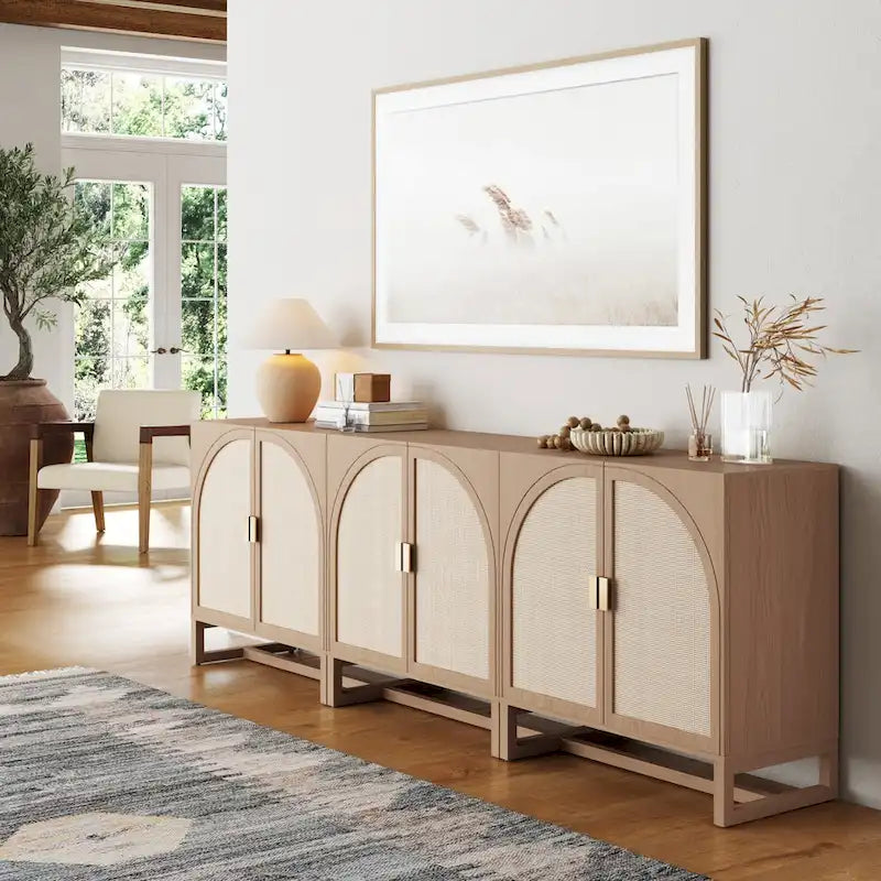 Paxton Boho Wood Storage Cabinet with Doors, Small Storage Cabinet or TV Stand with Rattan Door Details