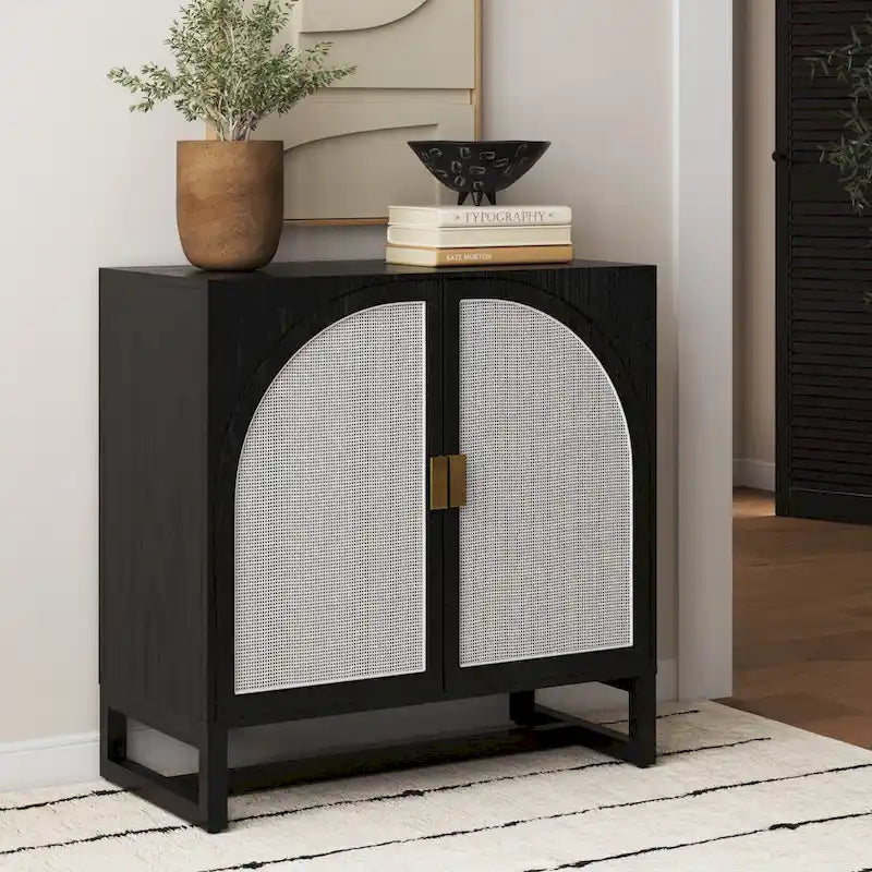 Paxton Boho Wood Storage Cabinet with Doors, Small Storage Cabinet or TV Stand with Rattan Door Details