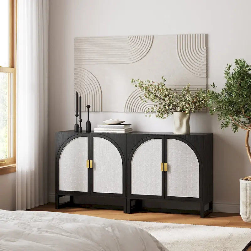 Paxton Boho Wood Storage Cabinet with Doors, Small Storage Cabinet or TV Stand with Rattan Door Details