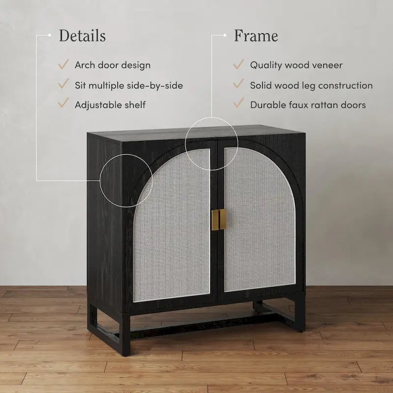 Paxton Boho Wood Storage Cabinet with Doors, Small Storage Cabinet or TV Stand with Rattan Door Details