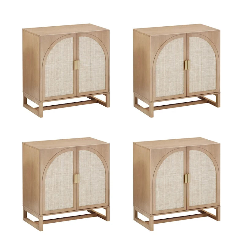 Paxton Boho Wood Storage Cabinet with Doors, Small Storage Cabinet or TV Stand with Rattan Door Details