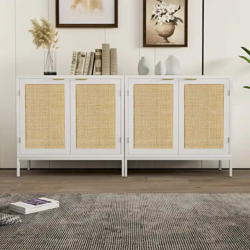 Anmytek White Wood Rattan Sideboard Buffet Kitchen Storage Cabinet with 2 Doors