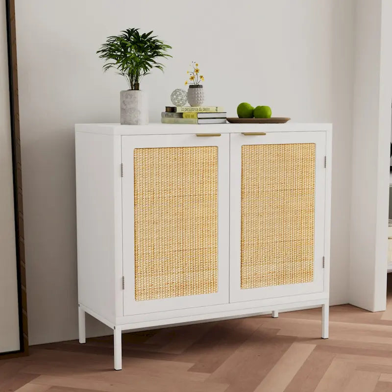 Anmytek White Wood Rattan Sideboard Buffet Kitchen Storage Cabinet with 2 Doors