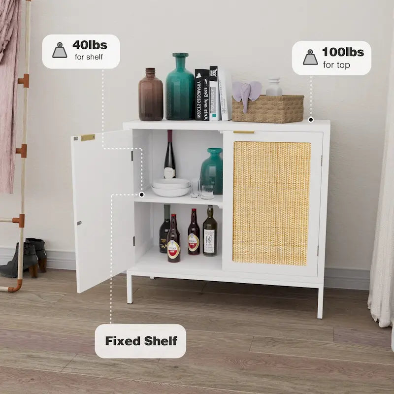 Anmytek White Wood Rattan Sideboard Buffet Kitchen Storage Cabinet with 2 Doors