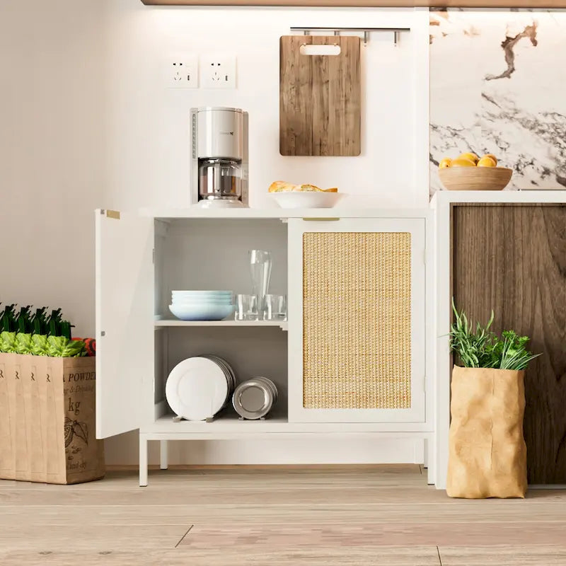 Anmytek White Wood Rattan Sideboard Buffet Kitchen Storage Cabinet with 2 Doors