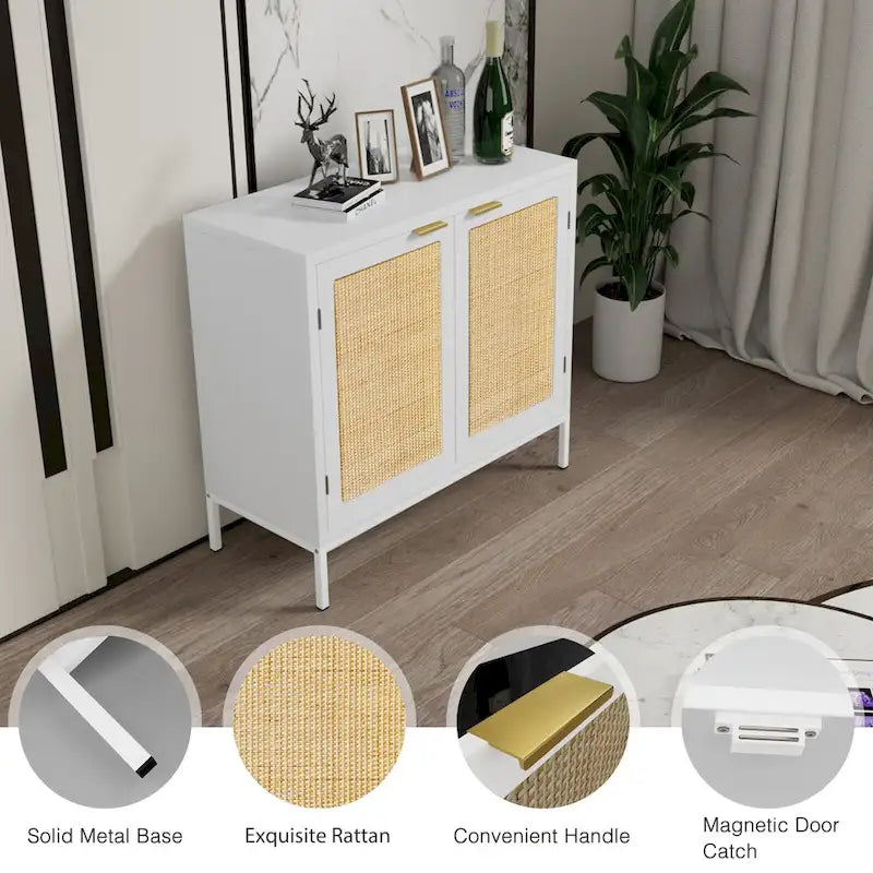 Anmytek White Wood Rattan Sideboard Buffet Kitchen Storage Cabinet with 2 Doors