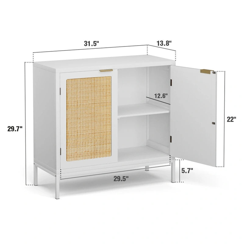 Anmytek White Wood Rattan Sideboard Buffet Kitchen Storage Cabinet with 2 Doors