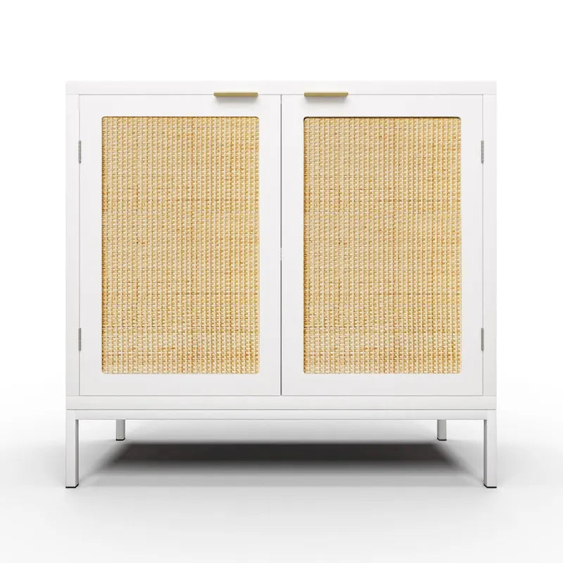 Anmytek White Wood Rattan Sideboard Buffet Kitchen Storage Cabinet with 2 Doors