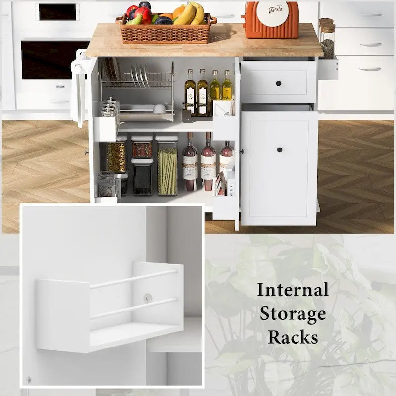 Kitchen Island on Wheels with Drop Leaf and 3 Tier Pull Out Organizer