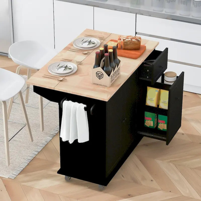 Kitchen Island on Wheels with Drop Leaf and 3 Tier Pull Out Organizer