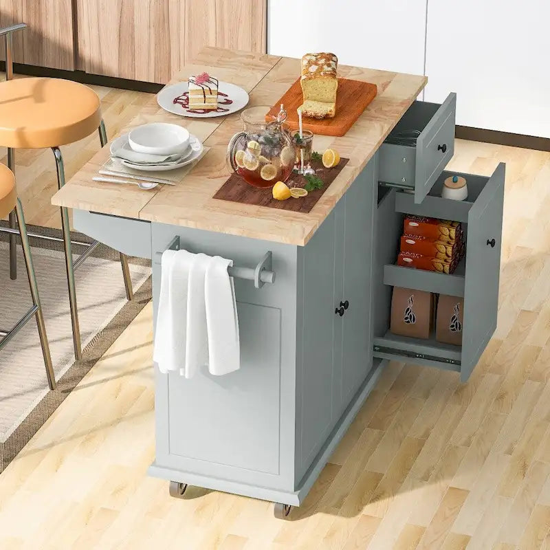 Kitchen Island on Wheels with Drop Leaf and 3 Tier Pull Out Organizer
