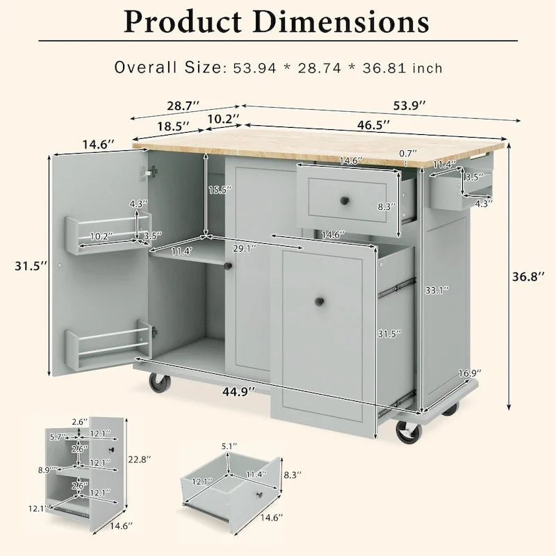 Kitchen Island on Wheels with Drop Leaf and 3 Tier Pull Out Organizer
