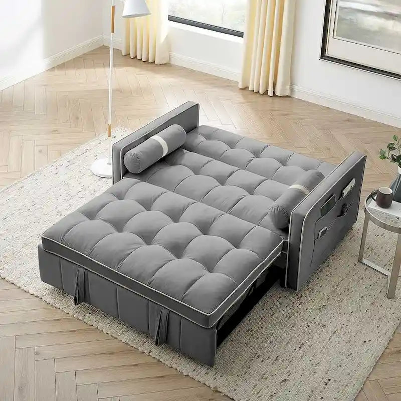 Modern 55.5 Velvet Pull-Out Adjustable Sofa Bed with Side Pockets