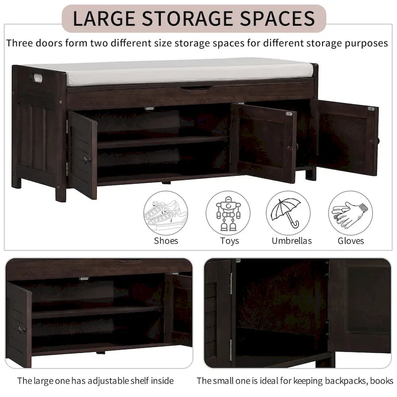 Storage Bench with 3 Shutter-shaped Doors, Shoe Bench with Removable Cushion and Hidden Storage Space