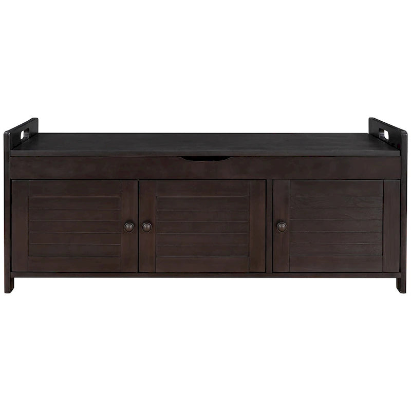 Storage Bench with 3 Shutter-shaped Doors, Shoe Bench with Removable Cushion and Hidden Storage Space