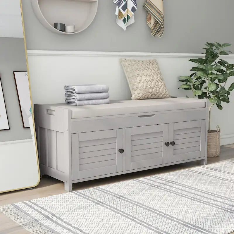 Storage Bench with 3 Shutter-shaped Doors, Shoe Bench with Removable Cushion and Hidden Storage Space