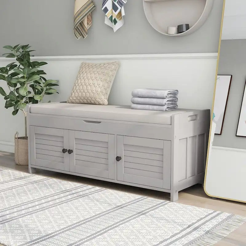 Storage Bench with 3 Shutter-shaped Doors, Shoe Bench with Removable Cushion and Hidden Storage Space