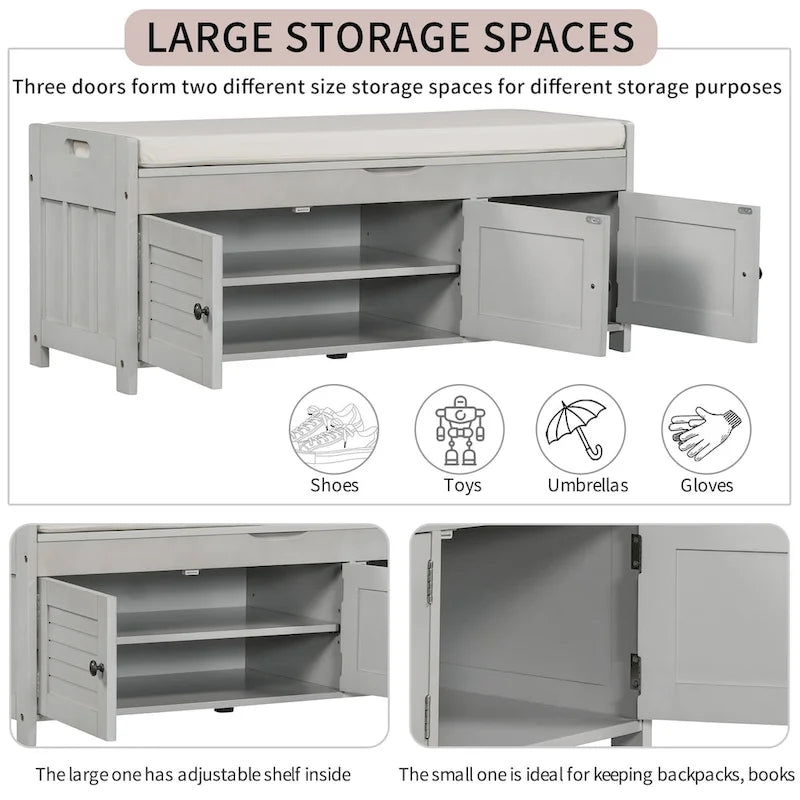 Storage Bench with 3 Shutter-shaped Doors, Shoe Bench with Removable Cushion and Hidden Storage Space