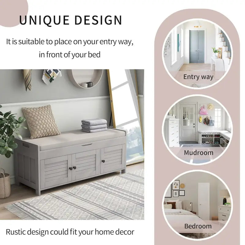 Storage Bench with 3 Shutter-shaped Doors, Shoe Bench with Removable Cushion and Hidden Storage Space