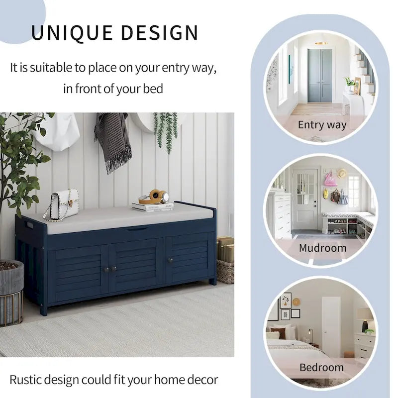 Storage Bench with 3 Shutter-shaped Doors, Shoe Bench with Removable Cushion and Hidden Storage Space